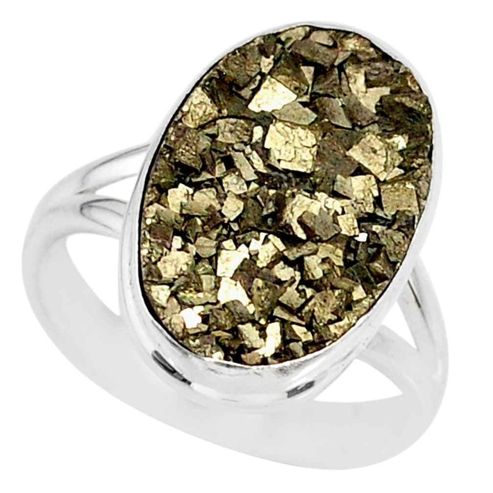 925 silver 10.78cts marcasite pyrite druzy oval solitaire ring size 8 r85787