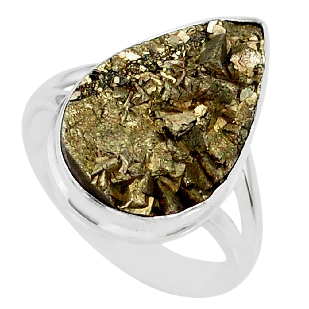 925 silver 12.07cts marcasite pyrite druzy pear solitaire ring size 7.5 r85789