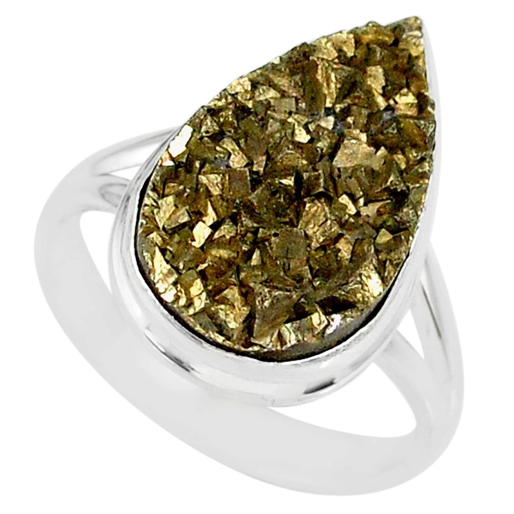 925 silver 11.46cts marcasite pyrite druzy pear solitaire ring size 8.5 r85792