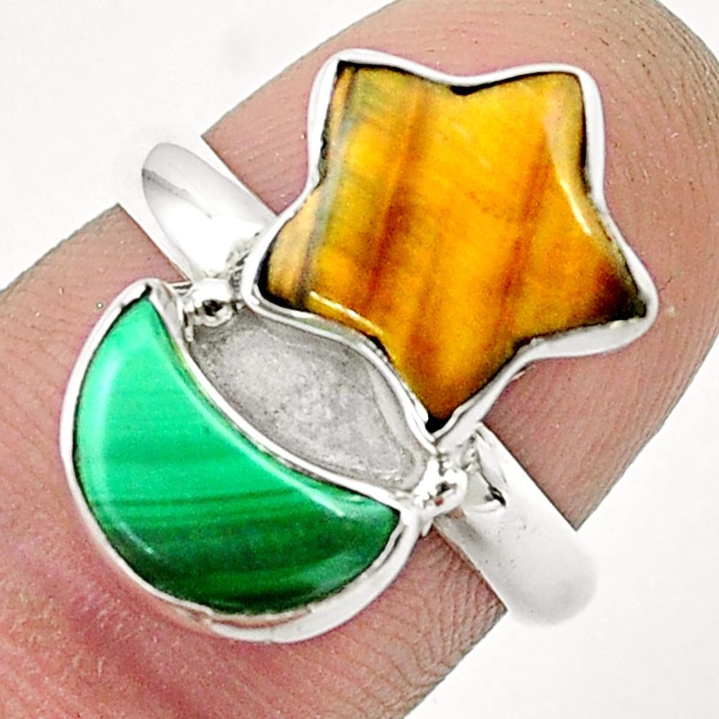 925 silver 8.72cts moon brown tiger's eye malachite star fish ring size 7 u37384