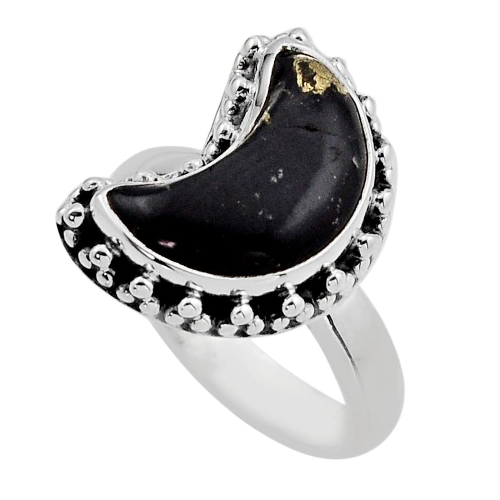 925 silver 5.11cts moon natural golden pyrite in magnetite ring size 6.5 n10090