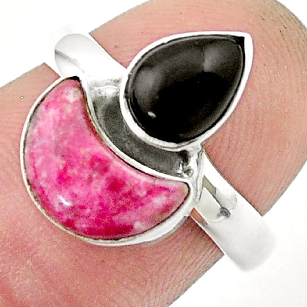 925 silver 7.77cts moon natural pink thulite black onyx ring size 7 u37435