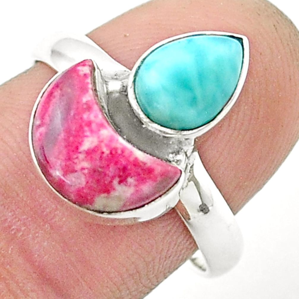 925 silver 7.71cts moon natural pink thulite blue larimar ring size 8.5 u37440