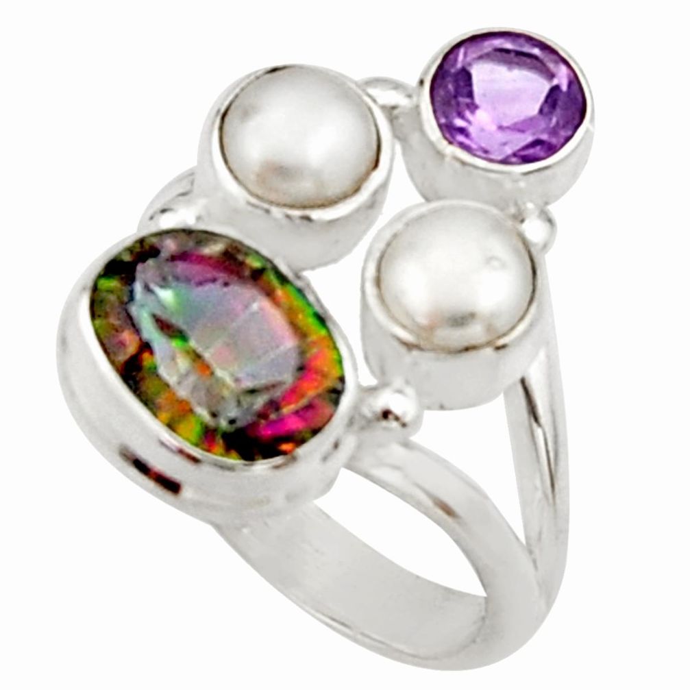 925 silver 5.79cts multi color rainbow topaz amethyst pearl ring size 5.5 r22993