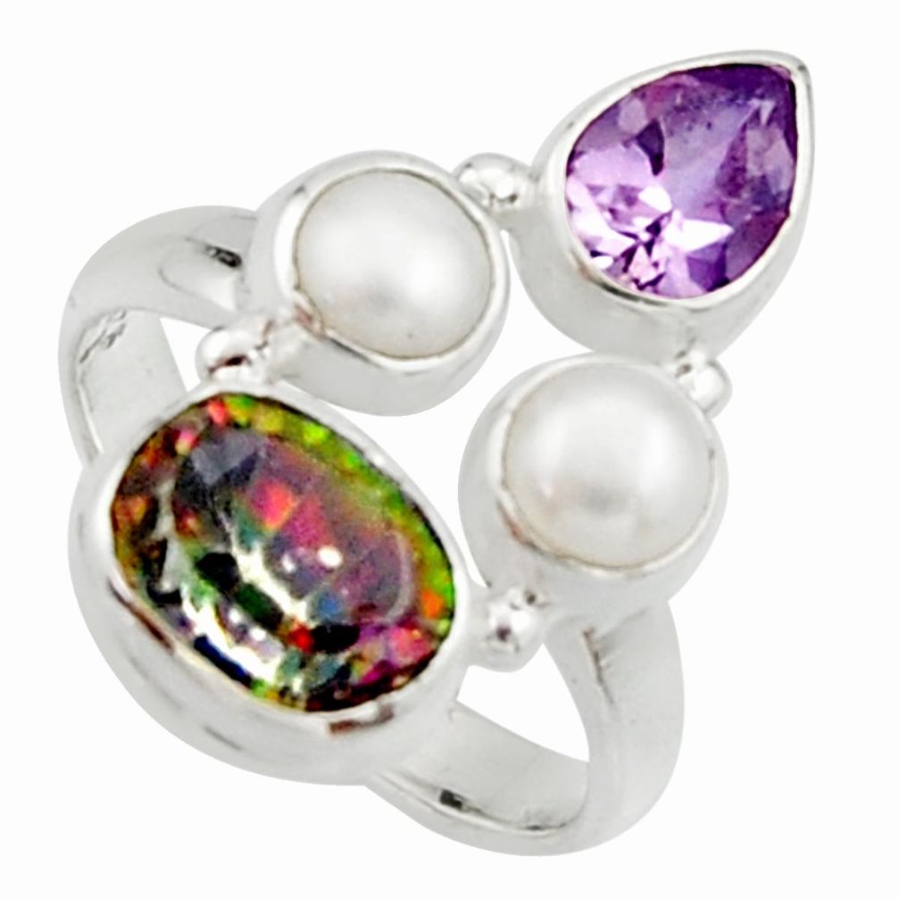 925 silver 6.31cts multi color rainbow topaz amethyst pearl ring size 6.5 r22997