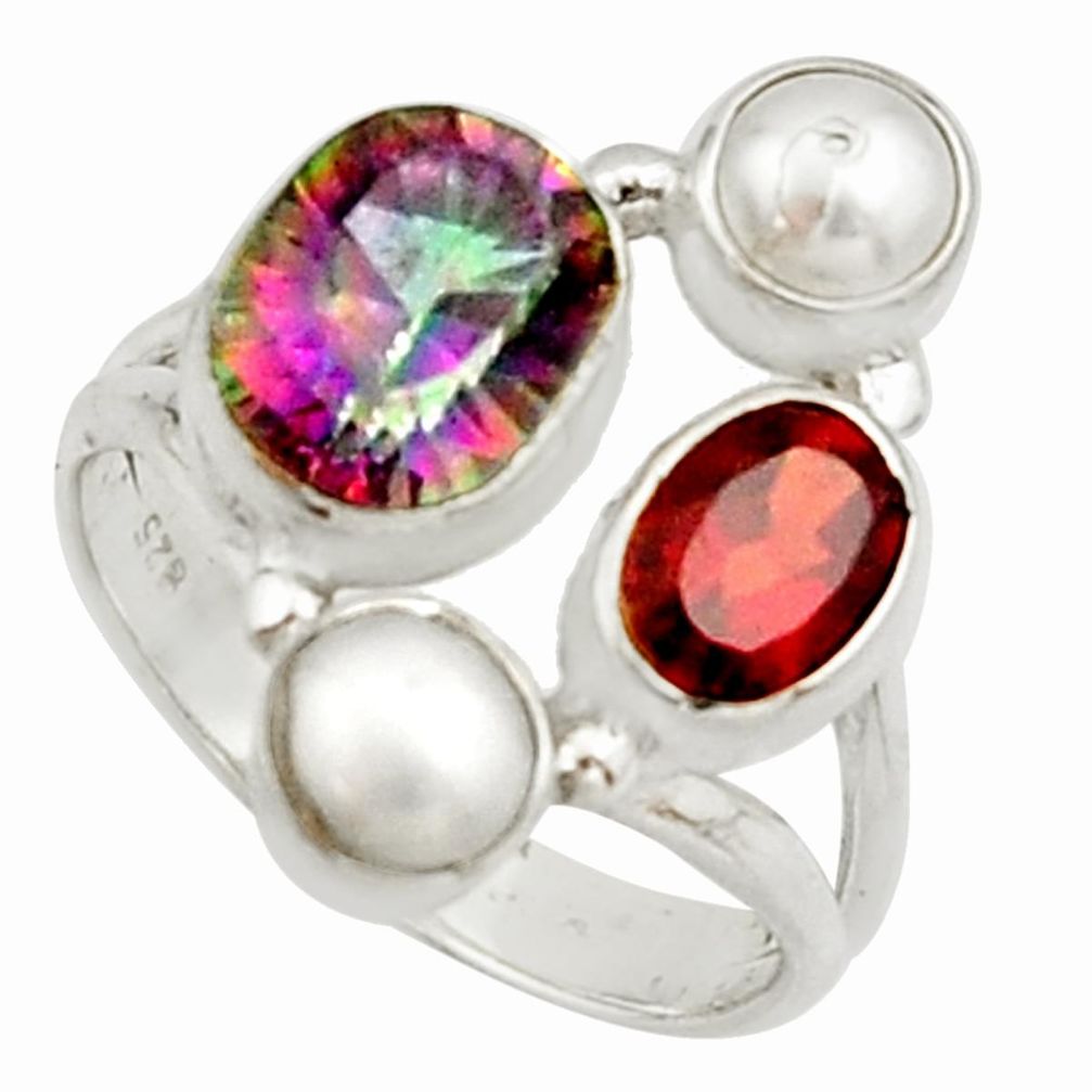 925 silver 6.58cts multi color rainbow topaz garnet pearl ring size 7 r22986