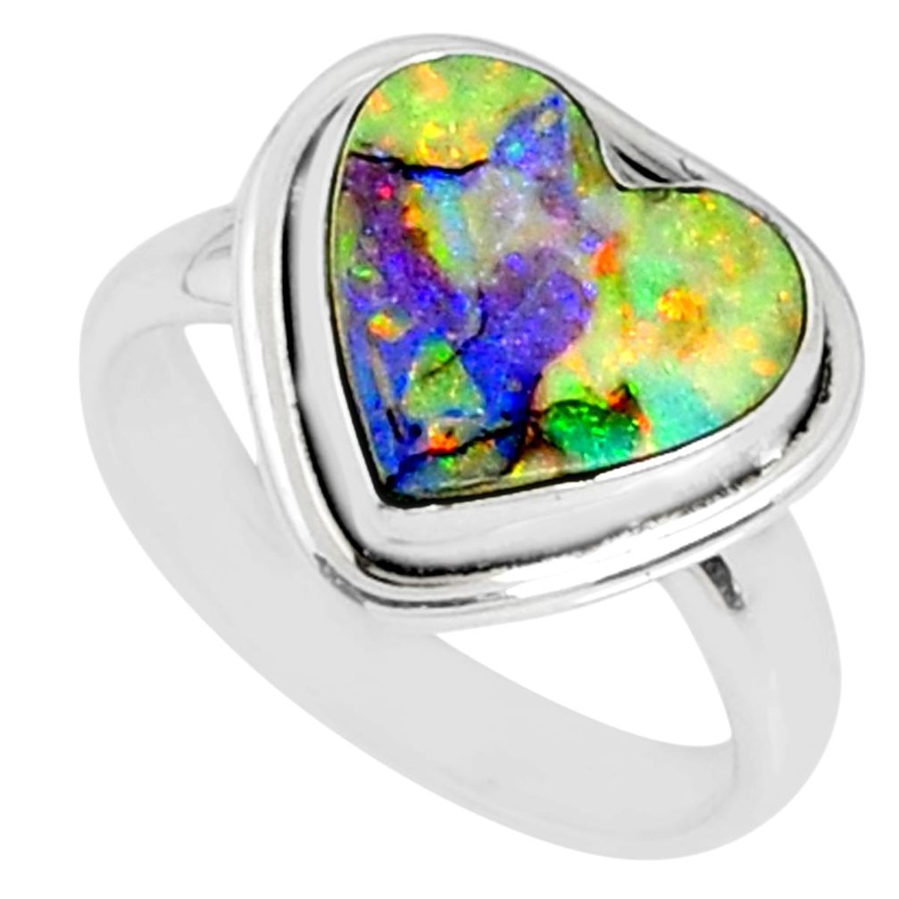 925 silver 4.44cts multi color sterling opal heart solitaire ring size 7 r70206