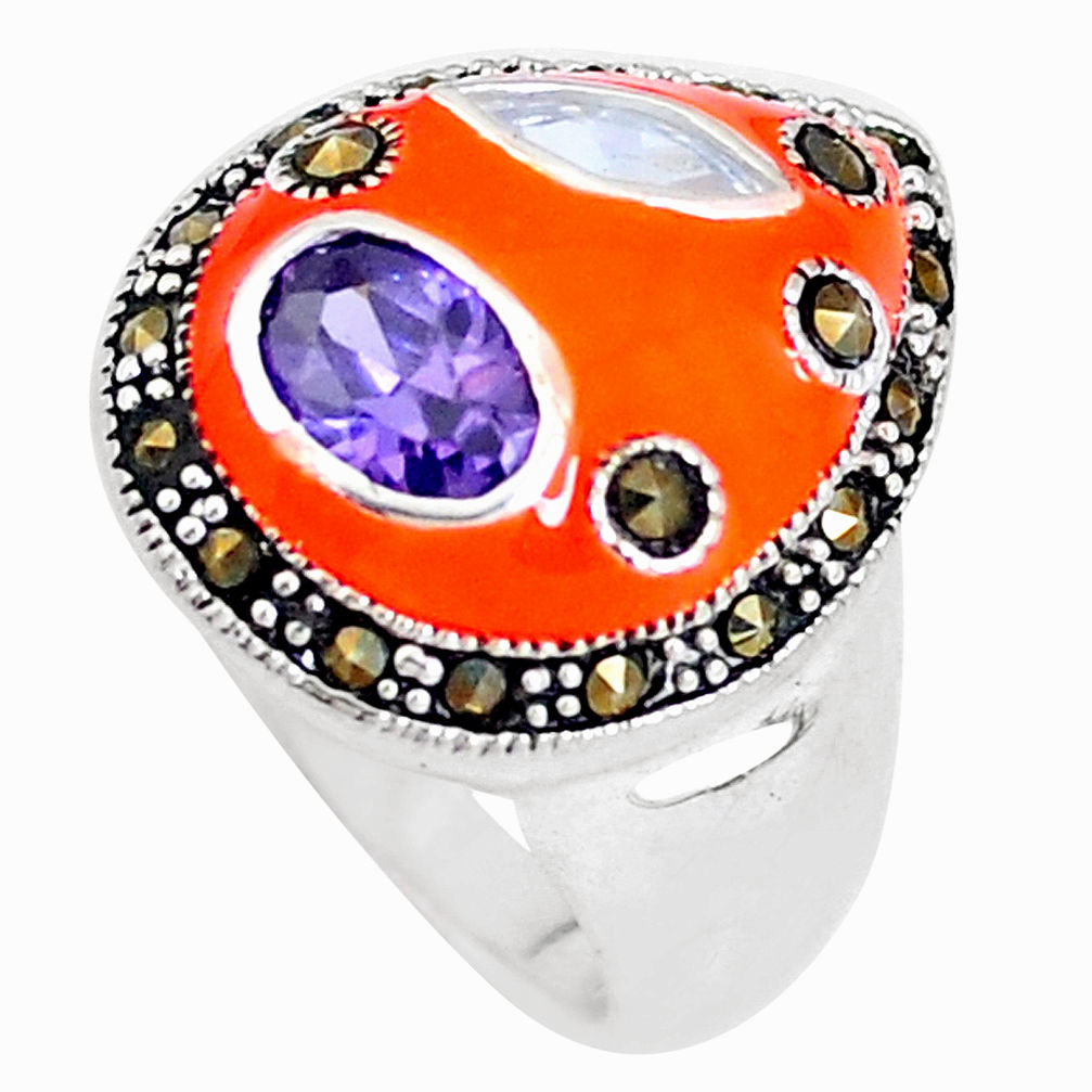 925 silver 2.89cts natural purple amethyst marcasite enamel ring size 5.5 c18505