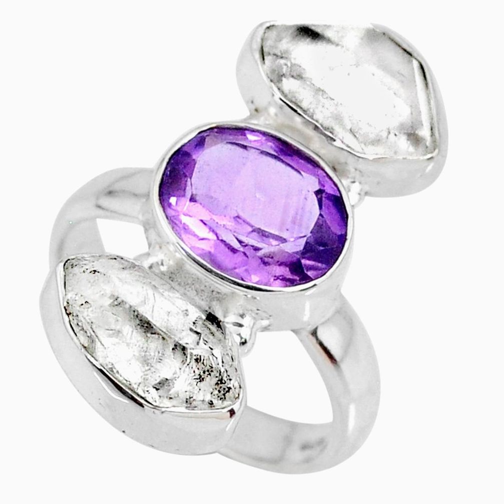 925 silver 12.39cts natural amethyst oval herkimer diamond ring size 6.5 r61678