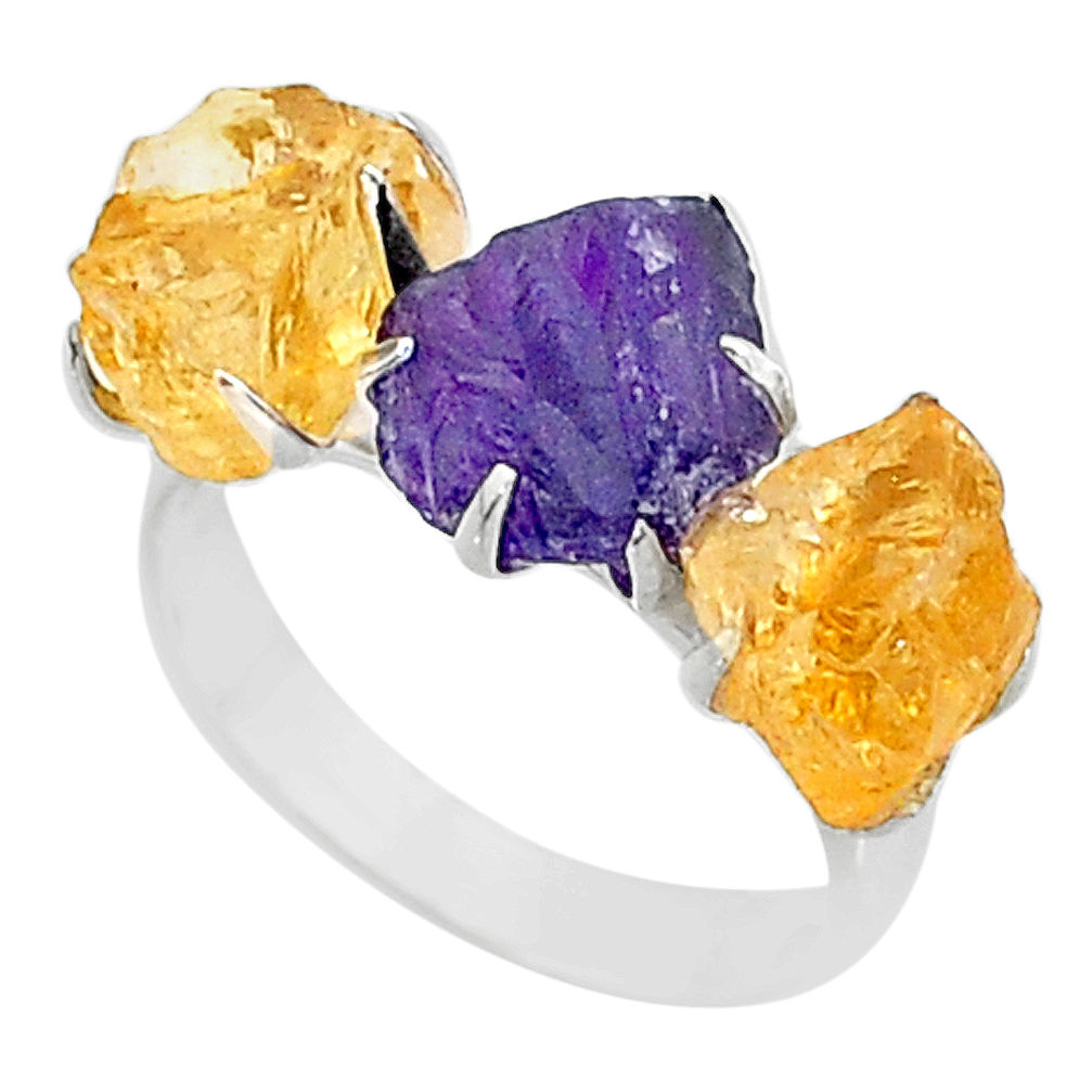 925 silver 9.88cts natural amethyst raw citrine 3 stone ring size 7 t7126