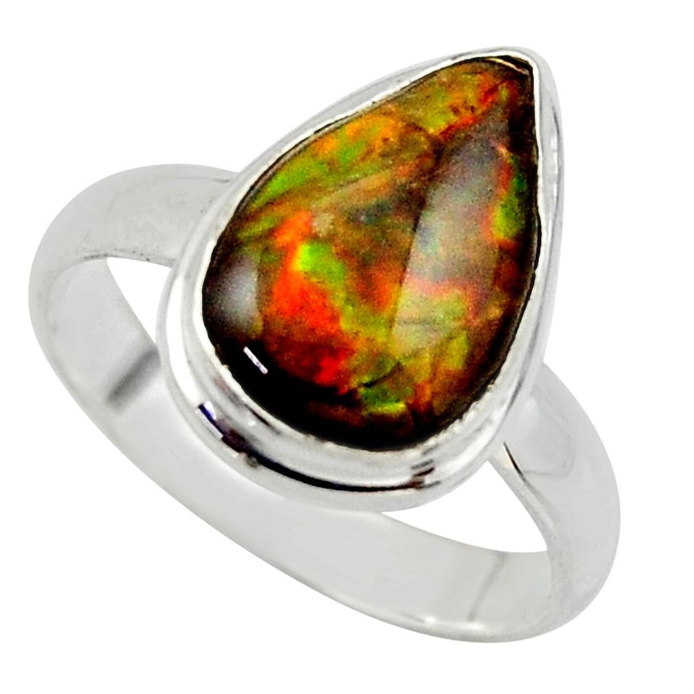 925 silver 4.67cts natural ammolite (canadian) pear solitaire ring size 8 r40260