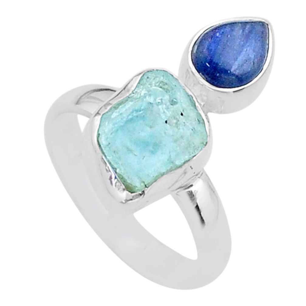 925 silver 7.62cts natural aqua aquamarine raw kyanite ring size 8 t48969