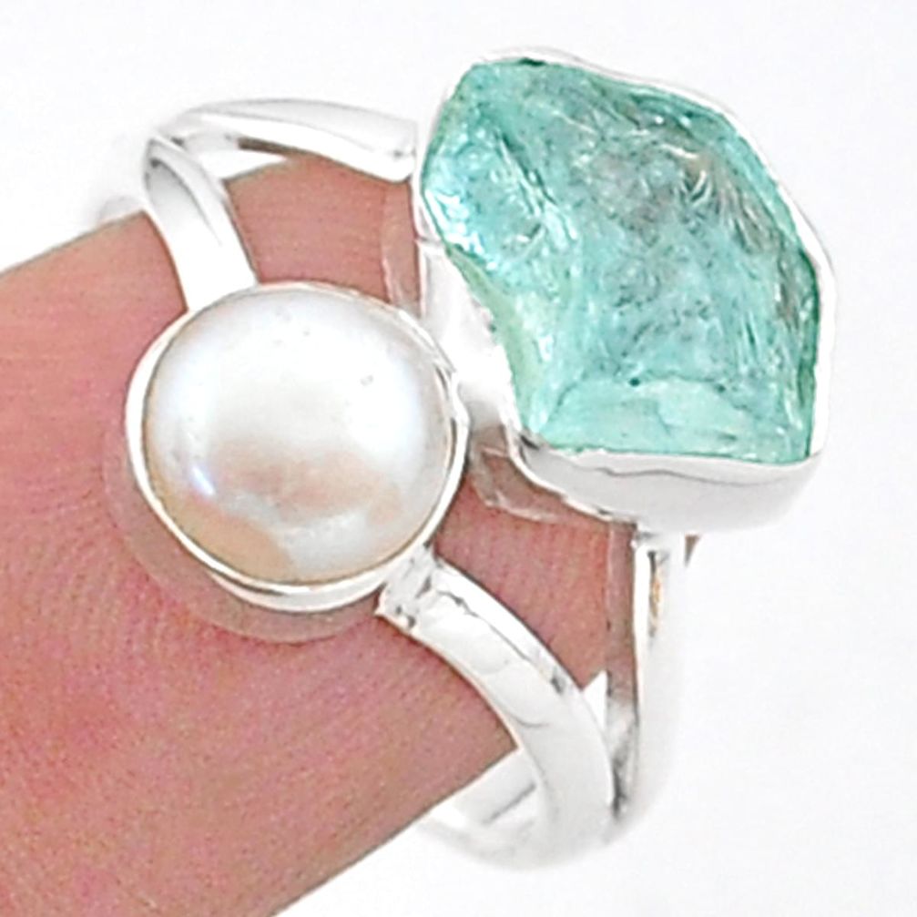 925 silver 9.16cts natural aqua aquamarine raw white pearl ring size 8 t38091