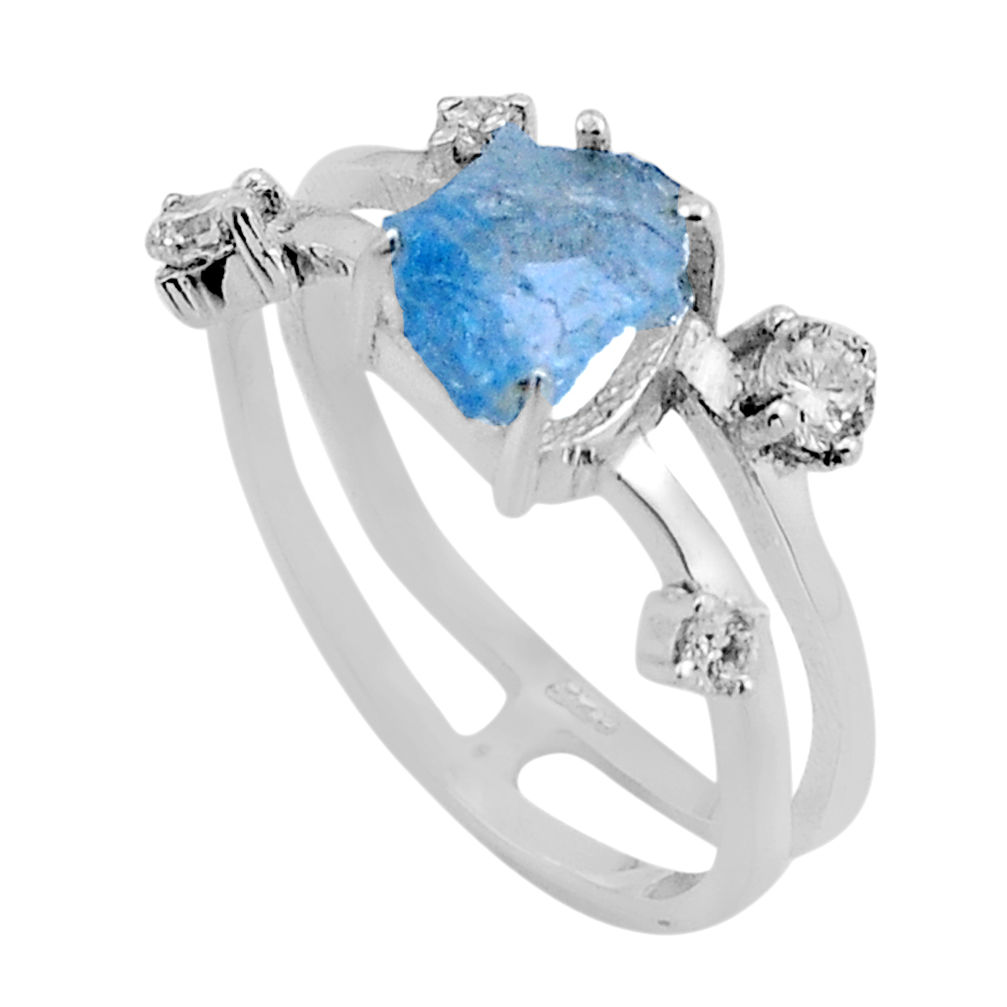 925 silver 3.23cts natural aqua aquamarine rough white topaz ring size 7 n49640