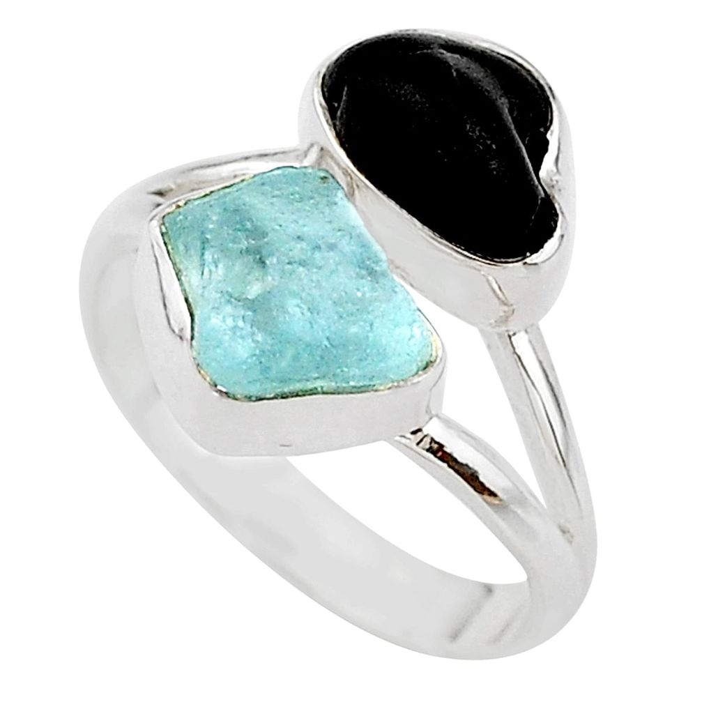 925 silver 11.23cts natural aquamarine black tourmaline raw ring size 9 t21016