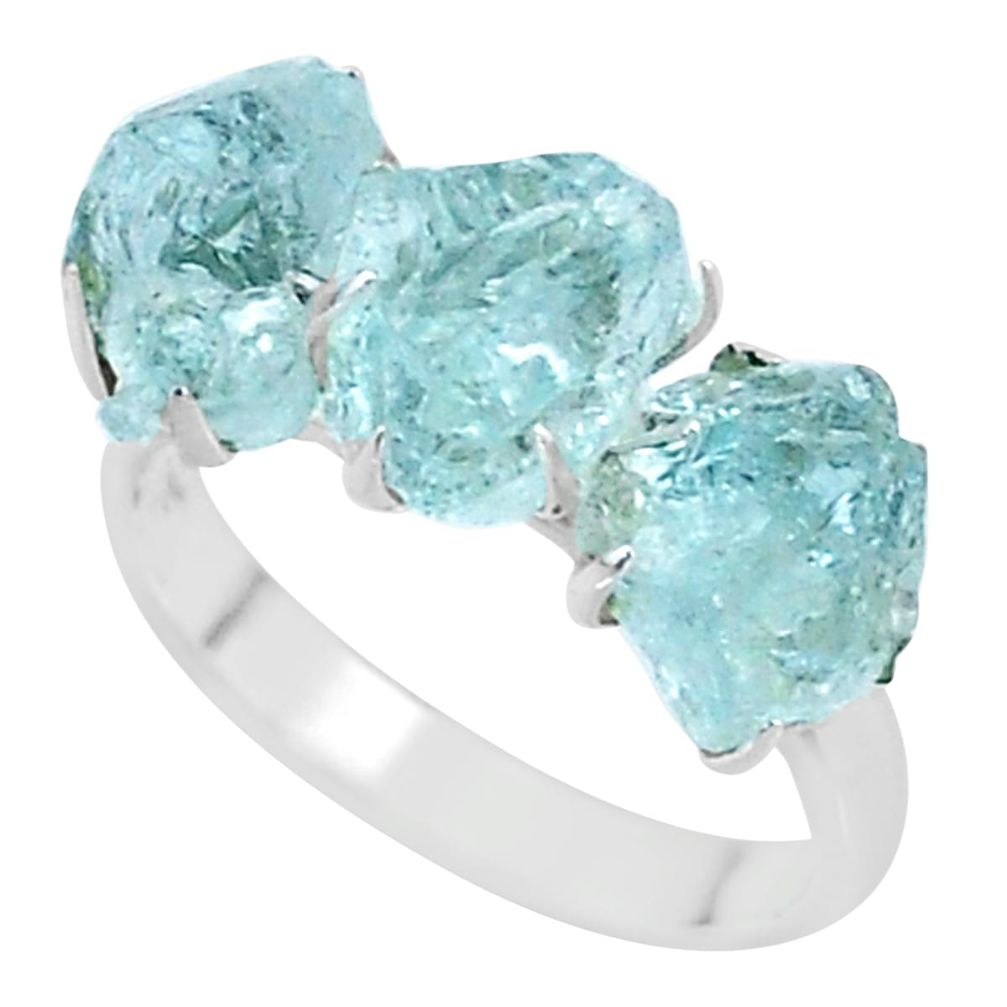 925 silver 10.23cts natural aquamarine raw 3 stone ring size 8 t7096