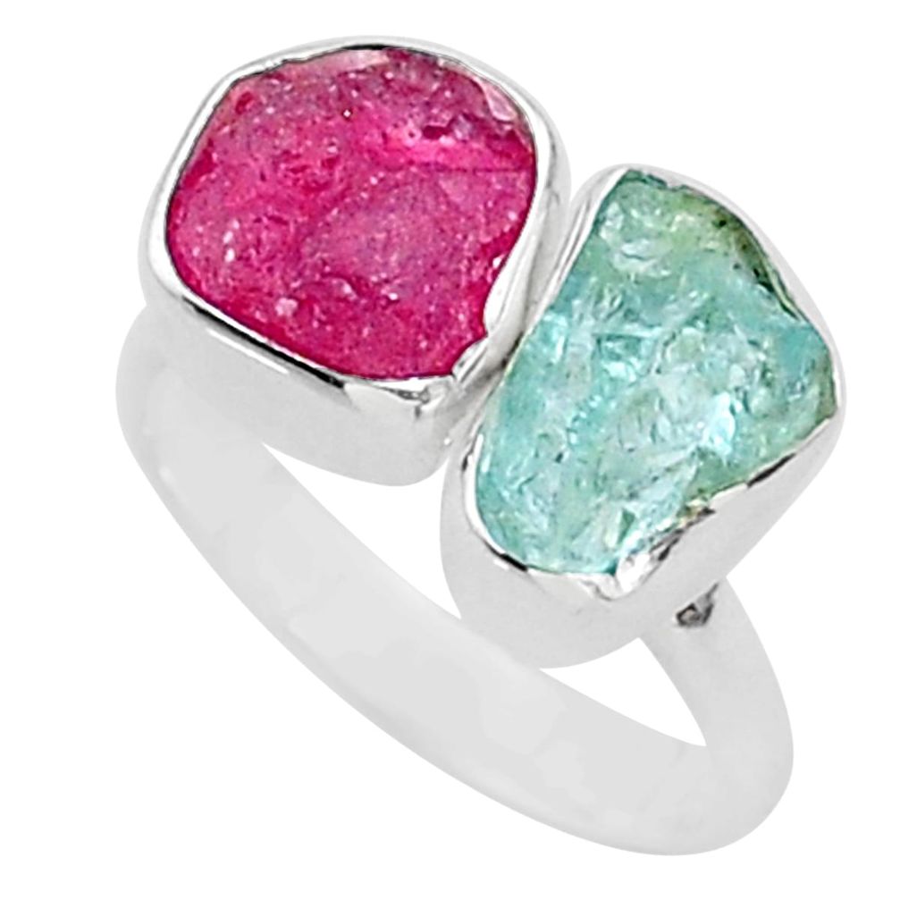 925 silver 9.29cts natural aquamarine ruby raw adjustable ring size 7 t35204