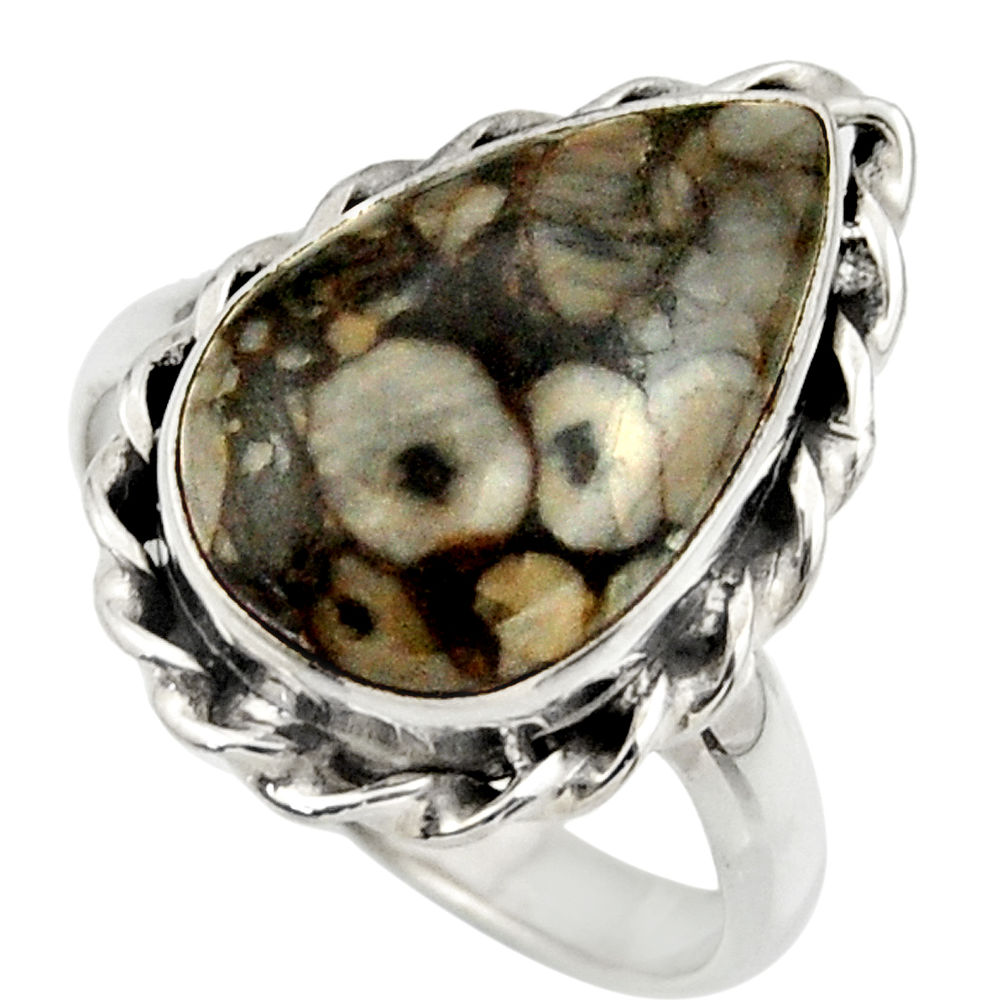 Clearance Sale- 925 silver 11.66cts natural black crinoid fossil solitaire ring size 9 r28818