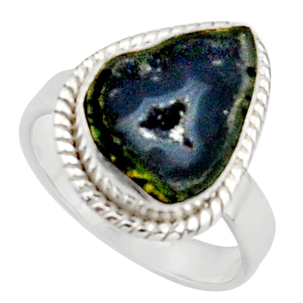 925 silver 6.02cts natural black geode druzy solitaire ring size 6.5 d46511