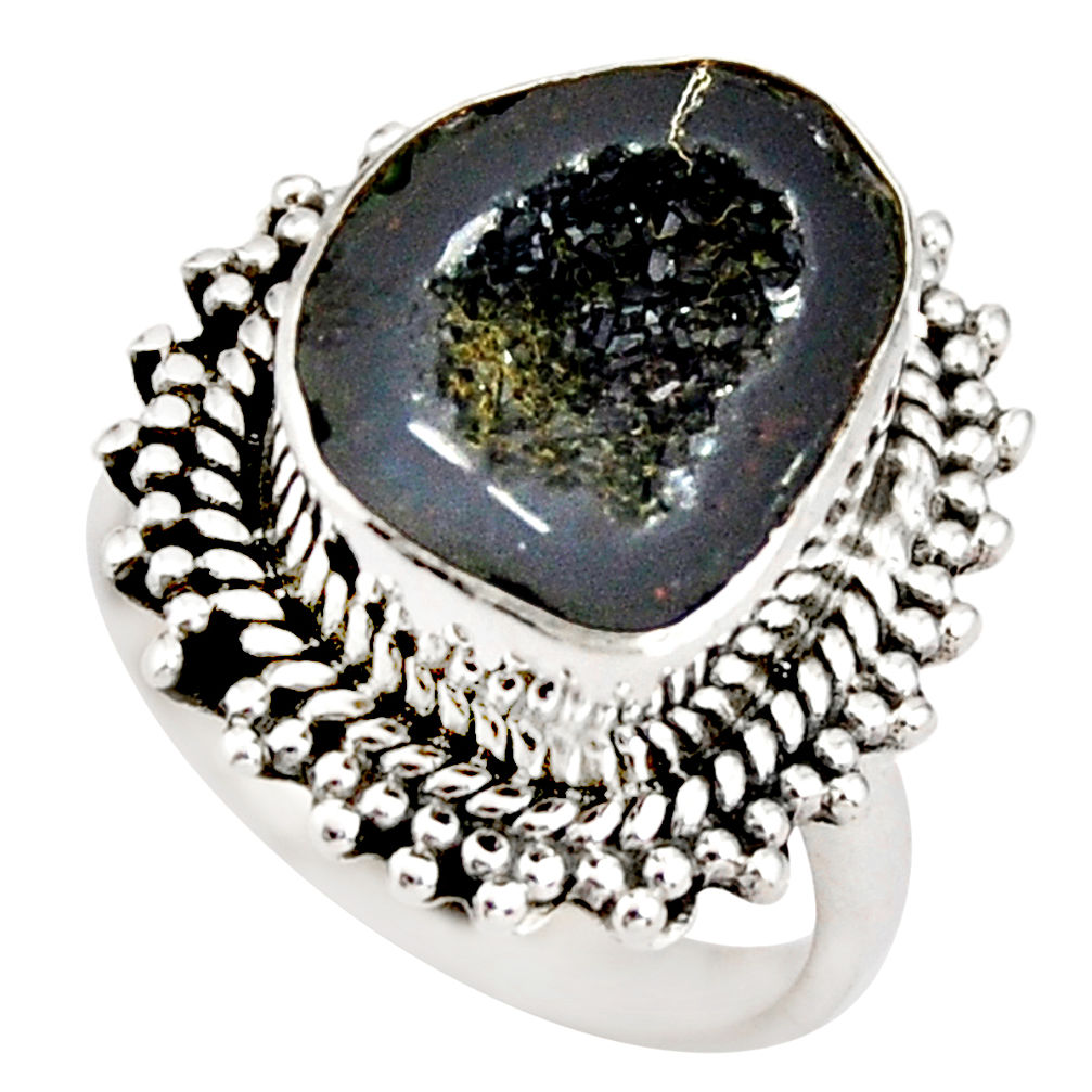 925 silver 6.48cts natural black geode druzy solitaire ring size 6.5 r21389