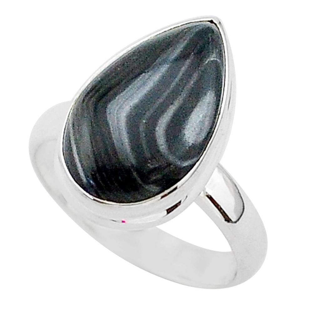 925 silver 6.54cts natural black psilomelane pear solitaire ring size 7 r95668