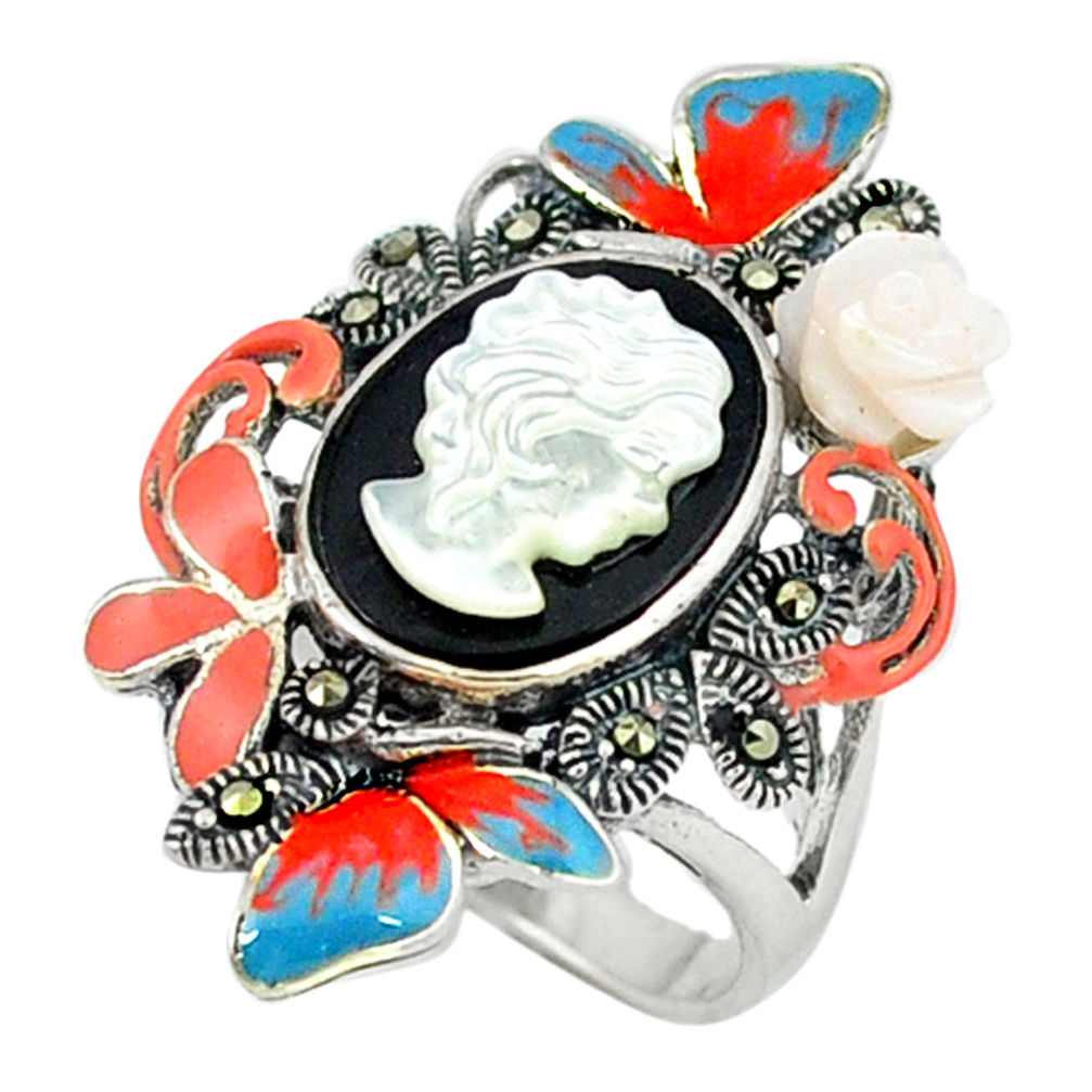 925 silver natural blister pearl onyx enamel ring jewelry size 6.5 c18578