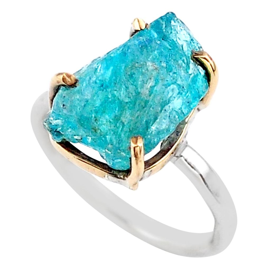 925 silver 6.58cts natural blue apatite raw fancy 14k gold ring size 6 t47119