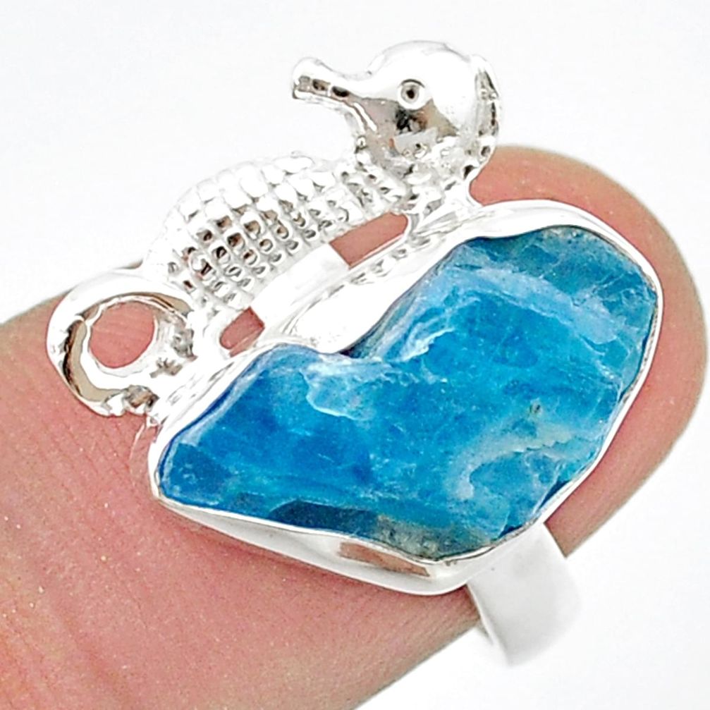 925 silver 5.94cts natural blue apatite rough fancy seahorse ring size 7 u41982