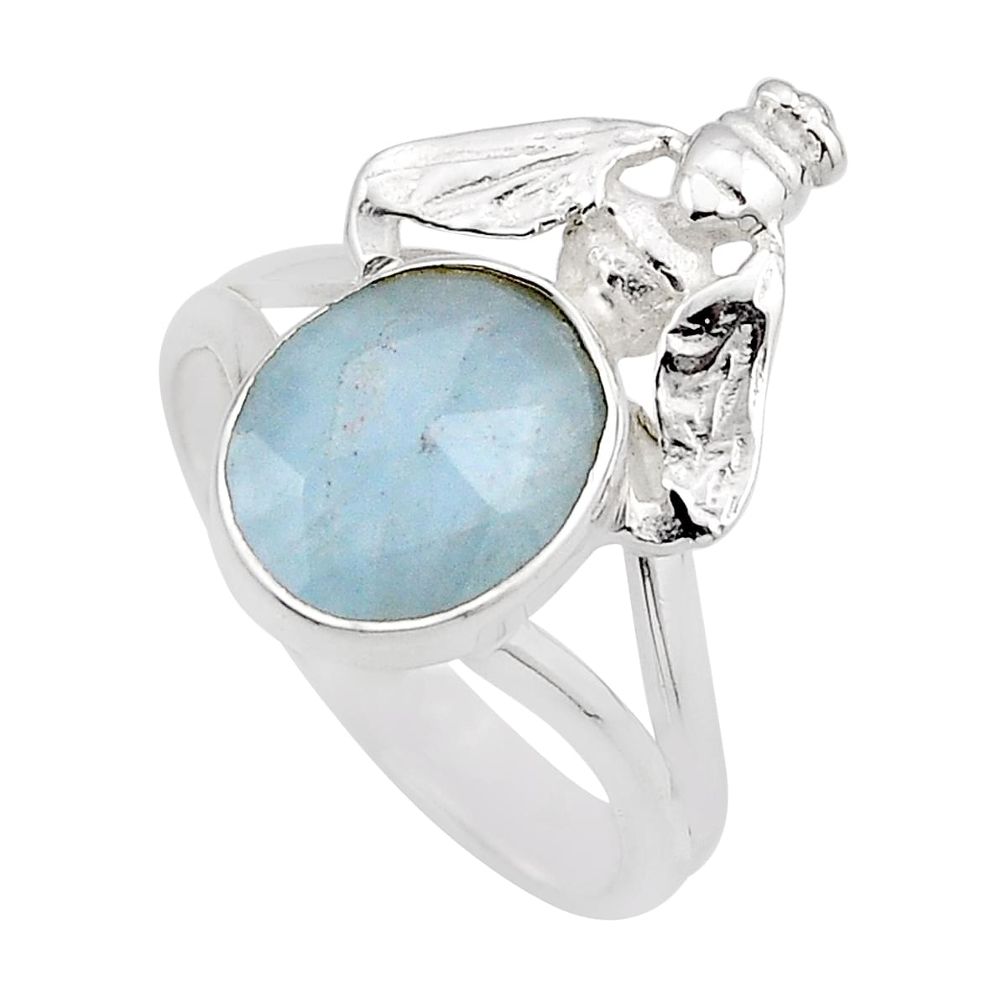 925 silver 5.11cts natural blue aquamarine oval honey bee ring size 8.5 y87304