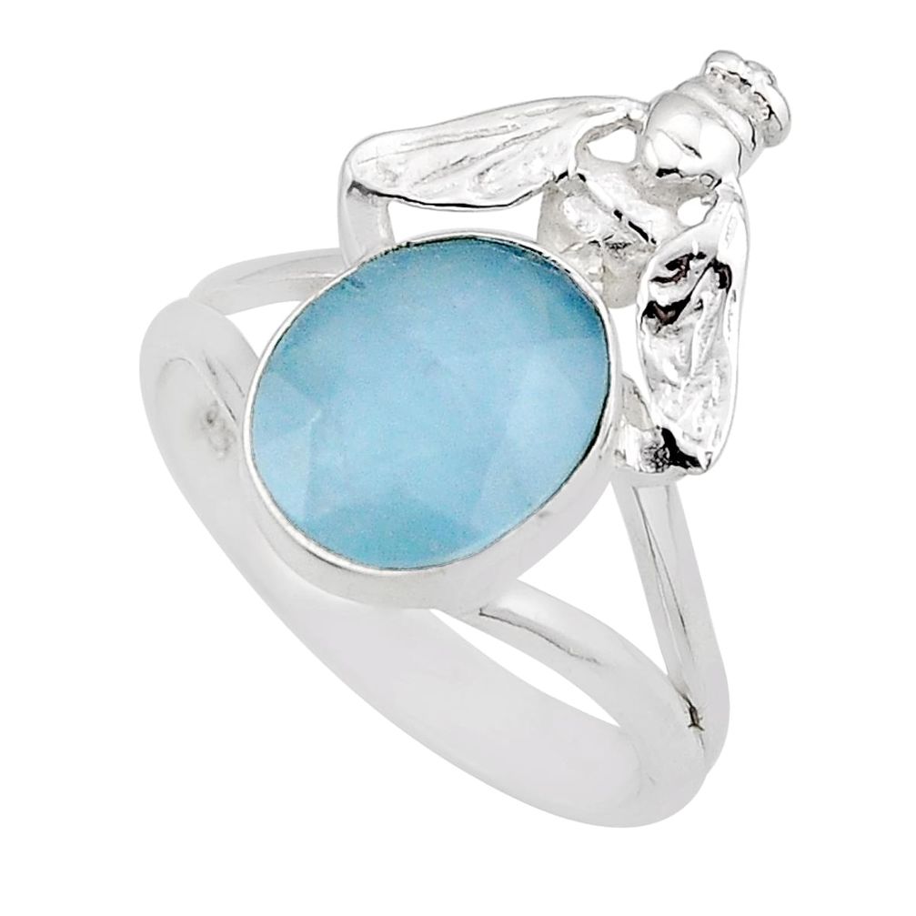925 silver 5.62cts natural blue aquamarine oval honey bee ring size 8.5 y87307