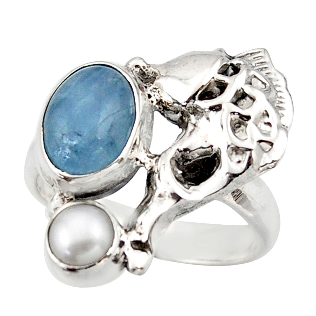 925 silver 4.38cts natural blue aquamarine white pearl fish ring size 6.5 d46058