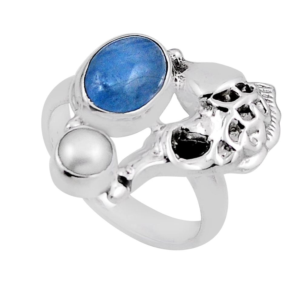 925 silver 4.38cts natural blue aquamarine white pearl fish ring size 6 n25875