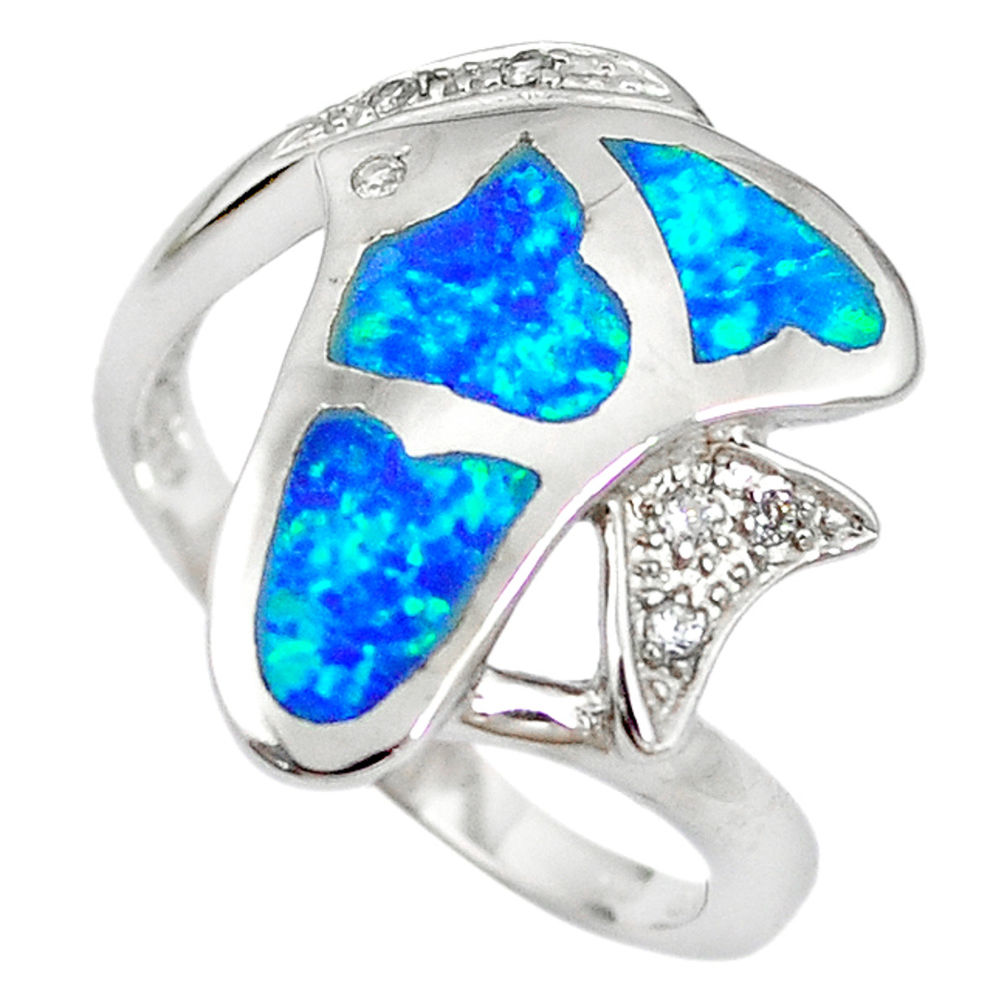 LAB 925 silver natural blue australian opal (lab) fish ring size 8.5 a61433 c15125