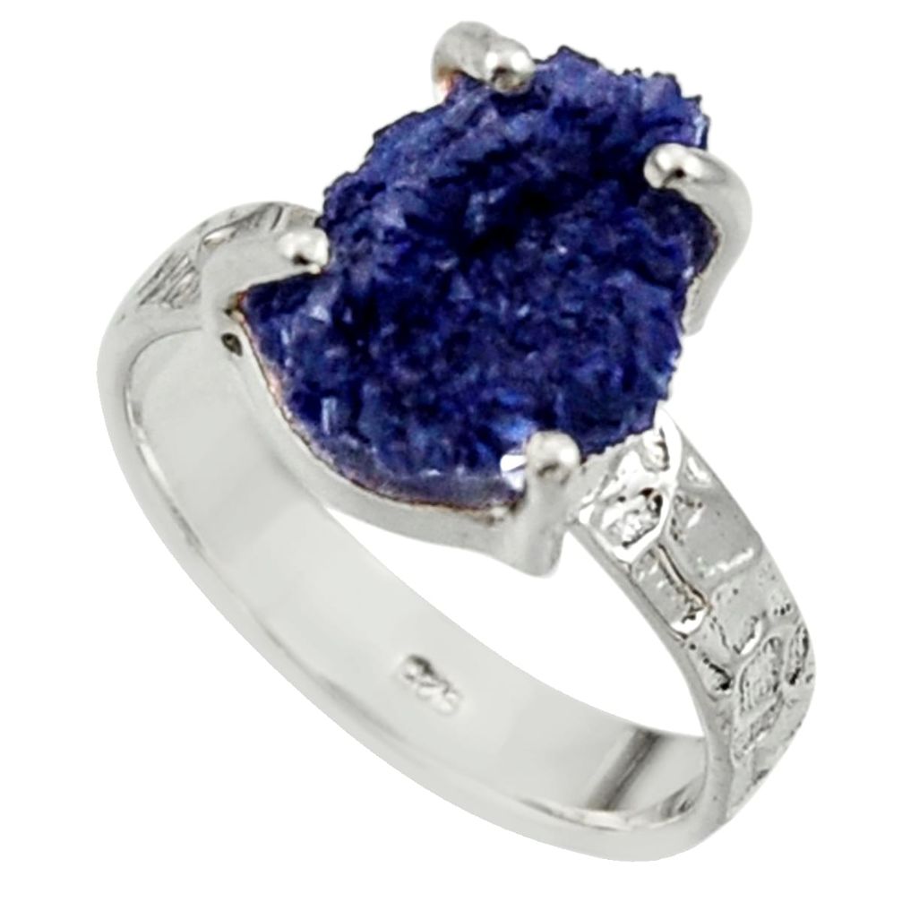 925 silver 6.04cts natural blue azurite druzy fancy solitaire ring size 8 r30009