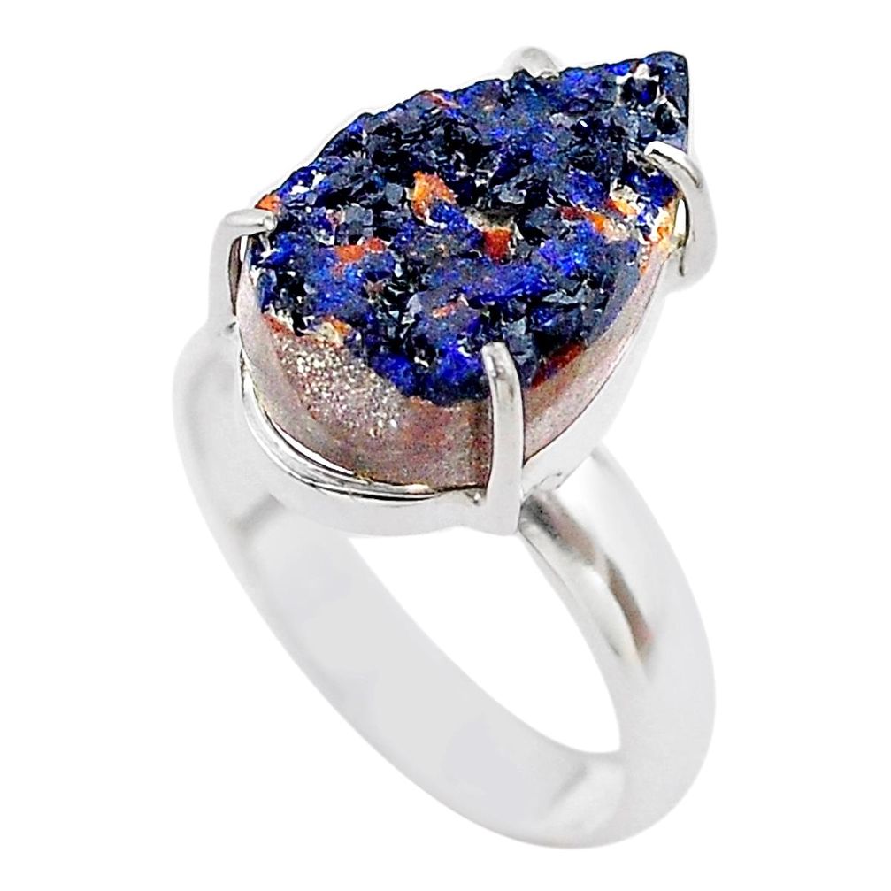 925 silver 7.89cts natural blue azurite druzy pear solitaire ring size 8 t29574
