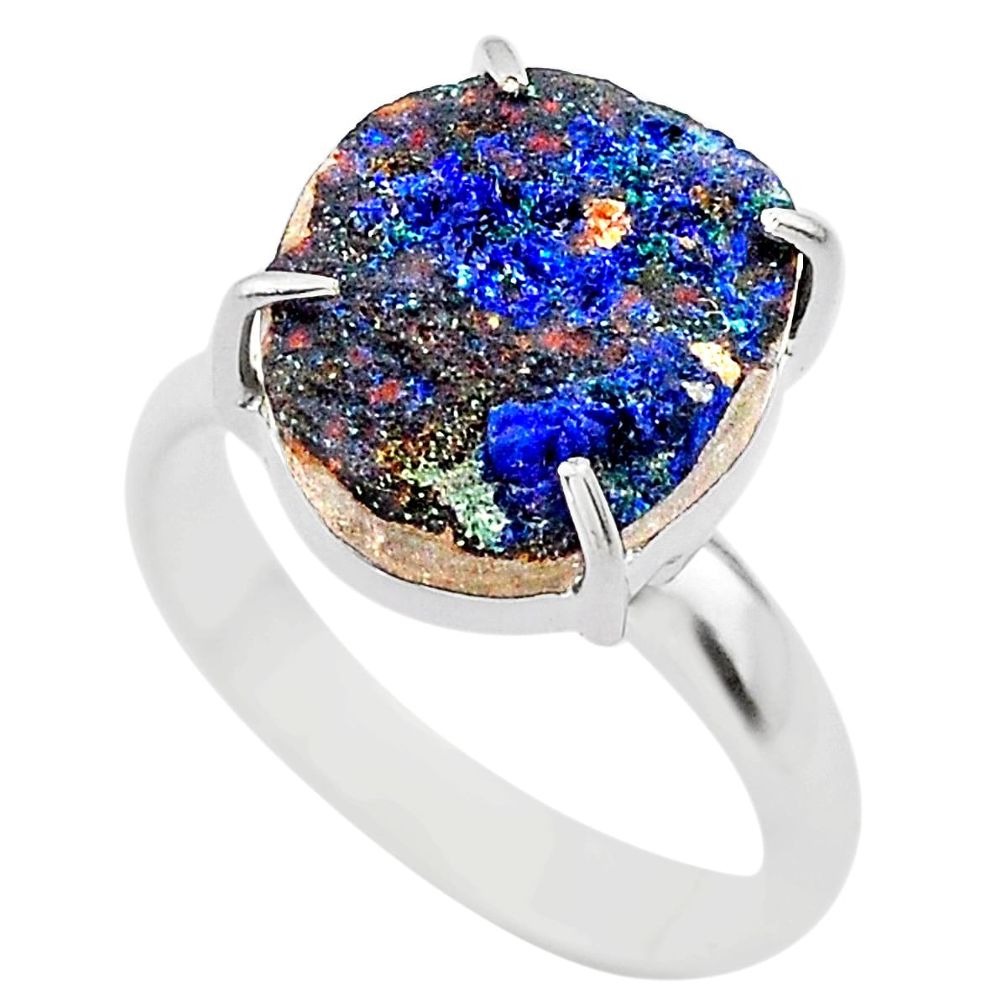 925 silver 6.54cts natural blue azurite druzy solitaire ring size 8 t29552