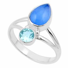 925 silver 3.67cts natural blue chalcedony pear shape topaz ring size 8.5 u34517