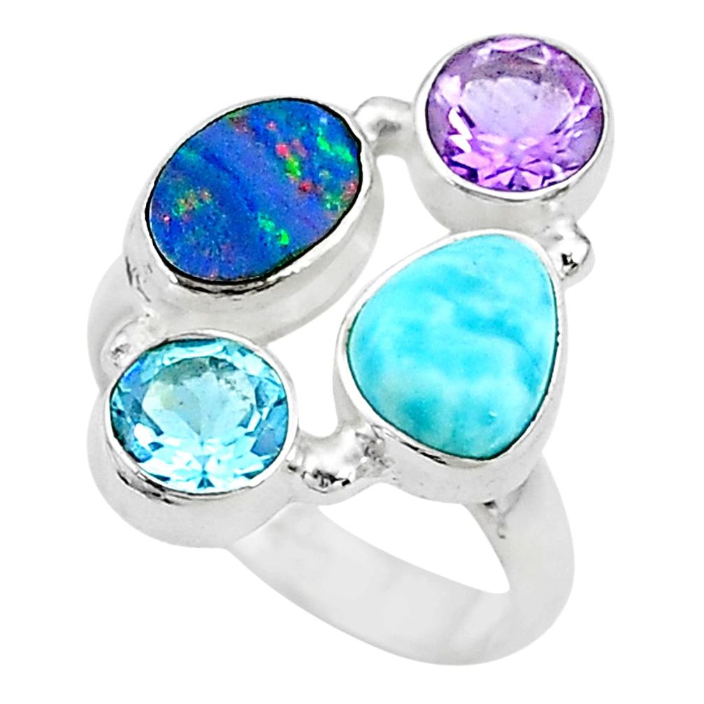 925 silver 6.83cts natural blue doublet opal australian topaz ring size 7 t10317