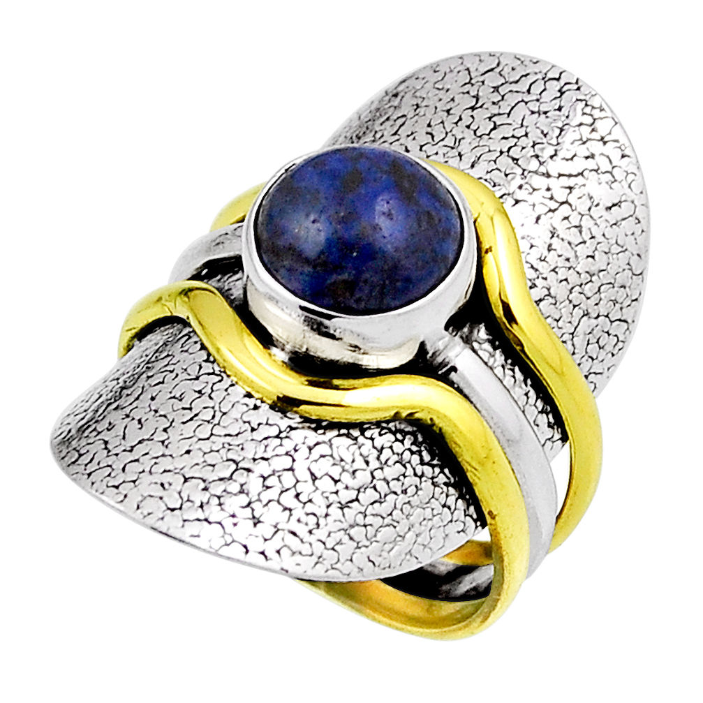 925 silver 3.23cts natural blue dumortierite gold spinner ring size 5.5 n26039
