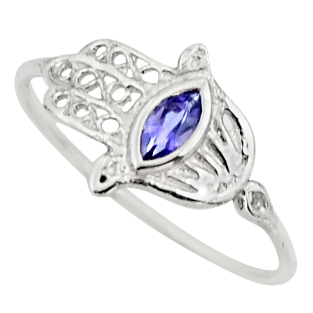 925 silver 0.50cts natural blue iolite hand of god hamsa ring size 7.5 r25994