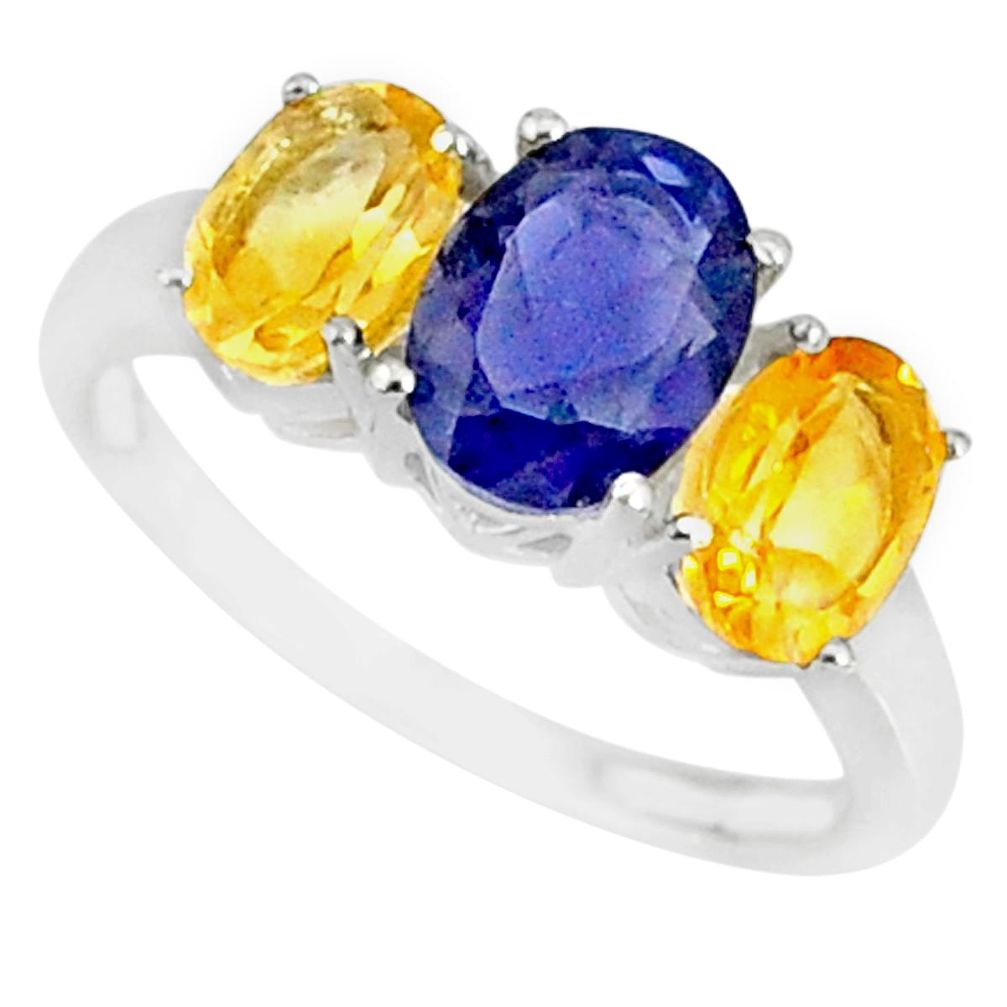 925 silver 4.87cts natural blue iolite oval yellow citrine ring size 8 r84089
