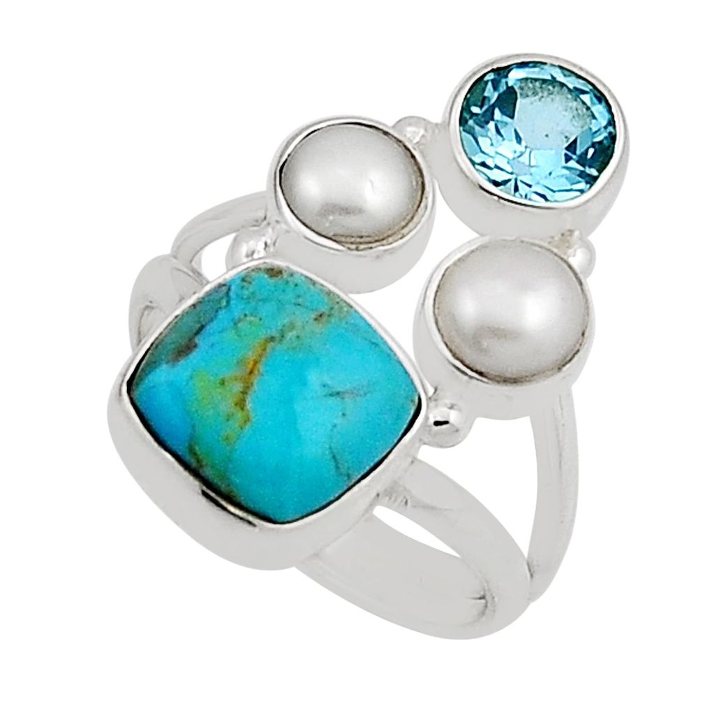 925 silver 6.88cts natural blue kingman turquoise topaz pearl ring size 6 n12503