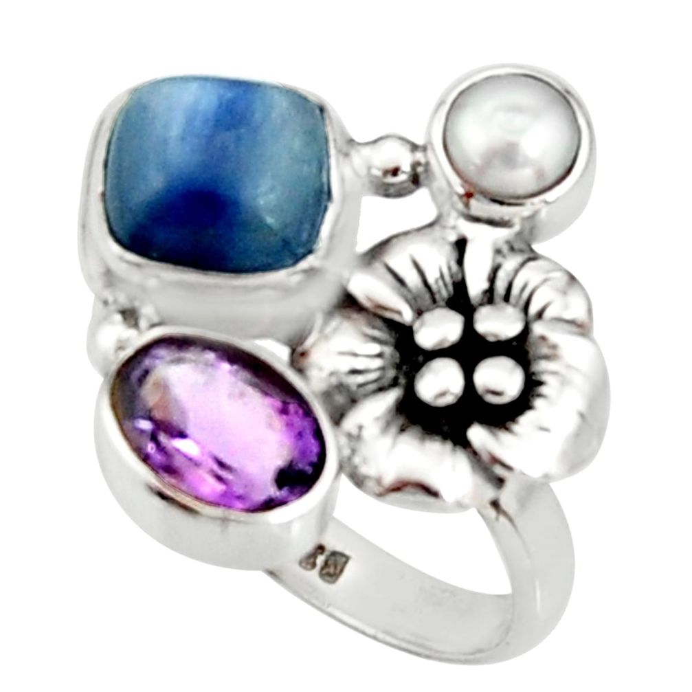 925 silver 6.32cts natural blue kyanite amethyst flower ring size 7.5 r22651