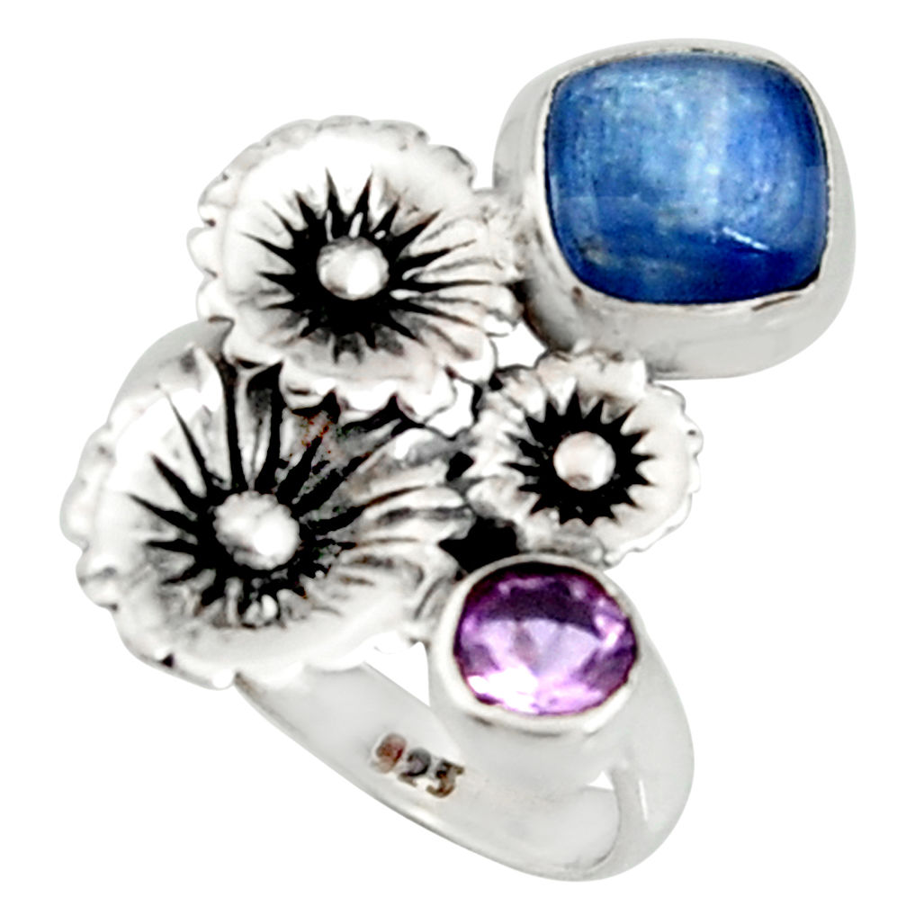 925 silver 4.21cts natural blue kyanite amethyst flower ring size 7.5 r22654