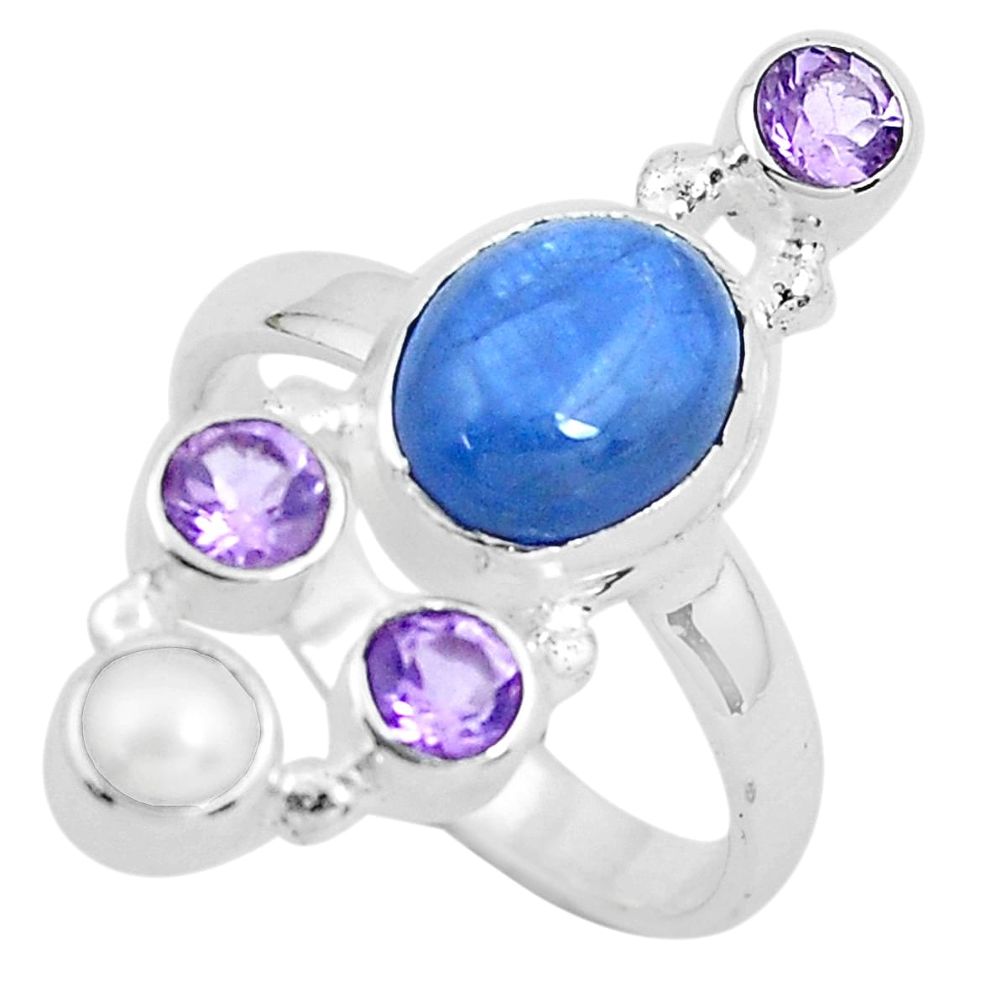 925 silver 8.42cts natural blue kyanite amethyst pearl ring size 8.5 p52476