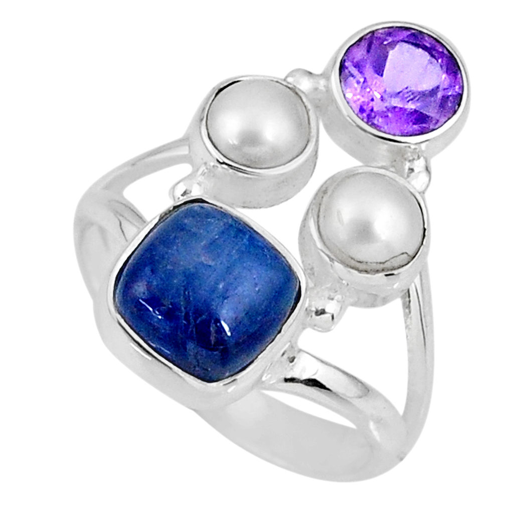 925 silver 6.31cts natural blue kyanite amethyst pearl ring size 7 r58410