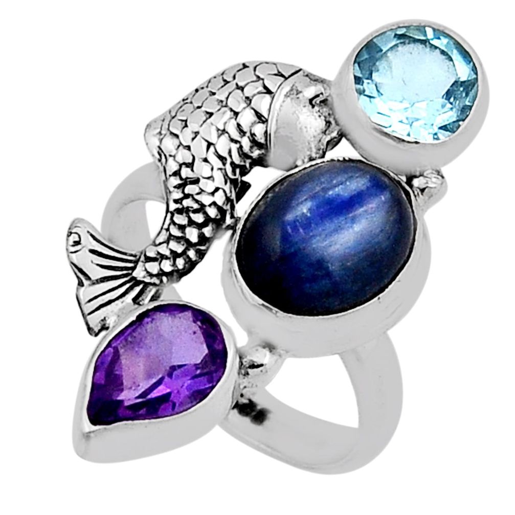 925 silver 7.23cts natural blue kyanite amethyst topaz fish ring size 6.5 n12445
