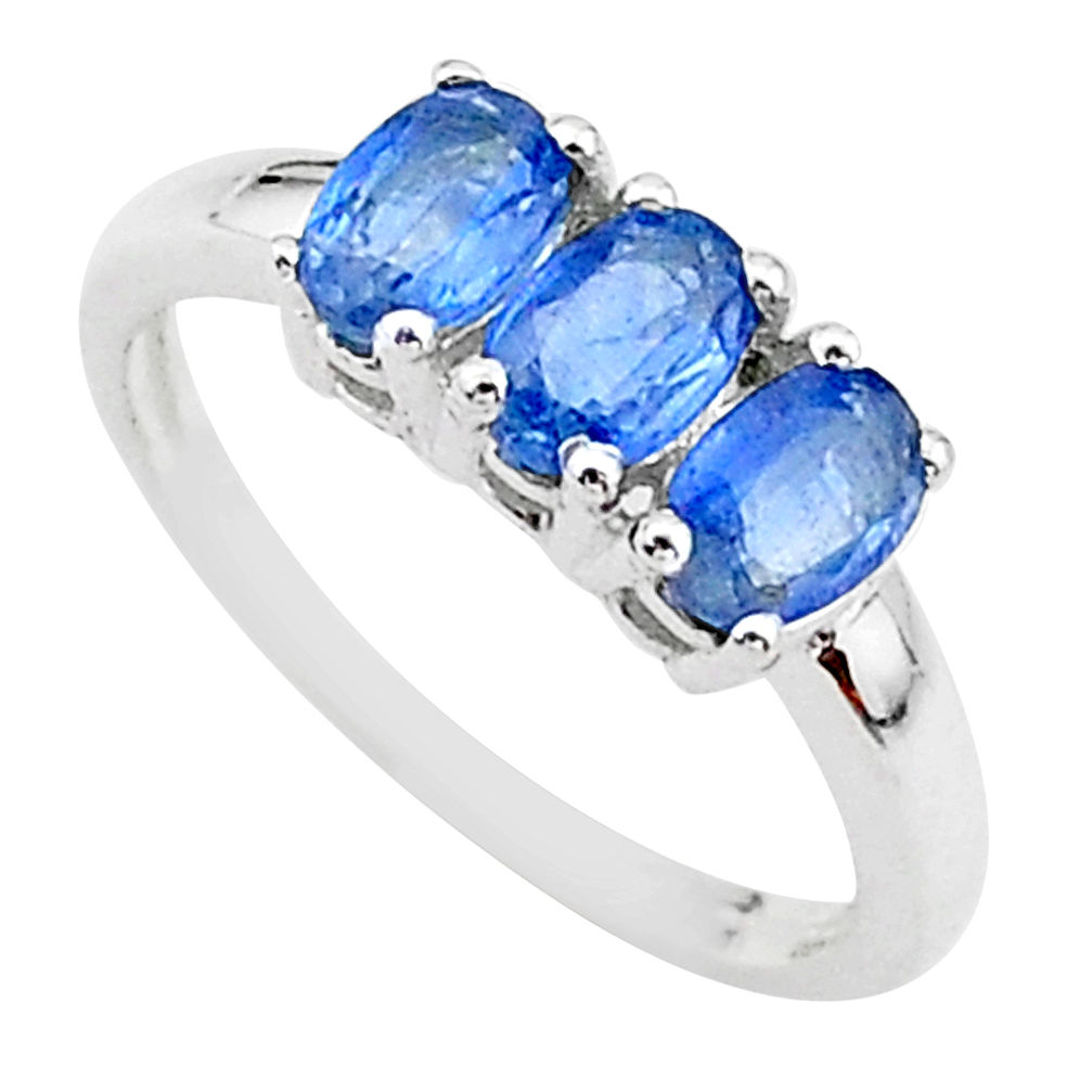 925 silver 2.73cts natural blue kyanite oval 3 stone ring size 7 t14790