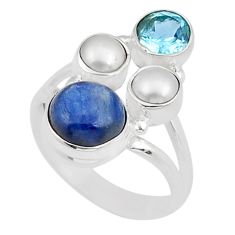 925 silver 5.76cts natural blue kyanite topaz white pearl ring size 6.5 y23734