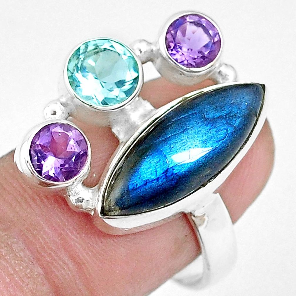 925 silver 13.28cts natural blue labradorite amethyst topaz ring size 8.5 p16928